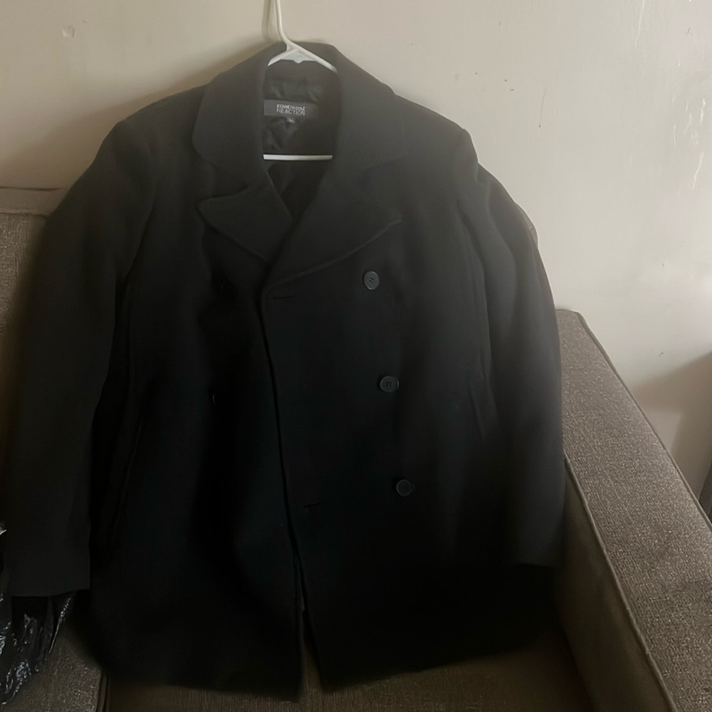 KENNETH COLE WOOL DOUBLE-BREASTED PEACOAT WITH RIBBED BIB